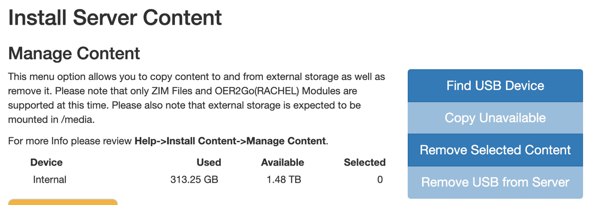 Manage content screen showing available space